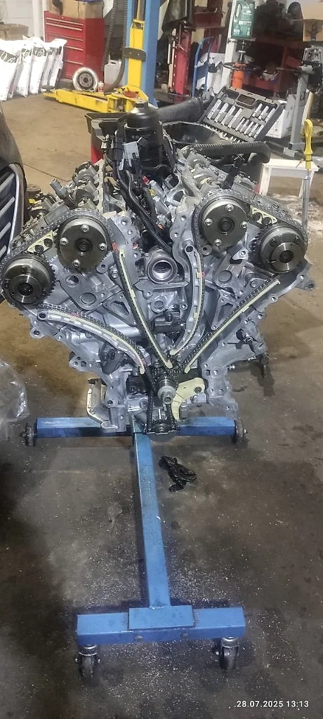 V engine timing assembly exposed during repair
