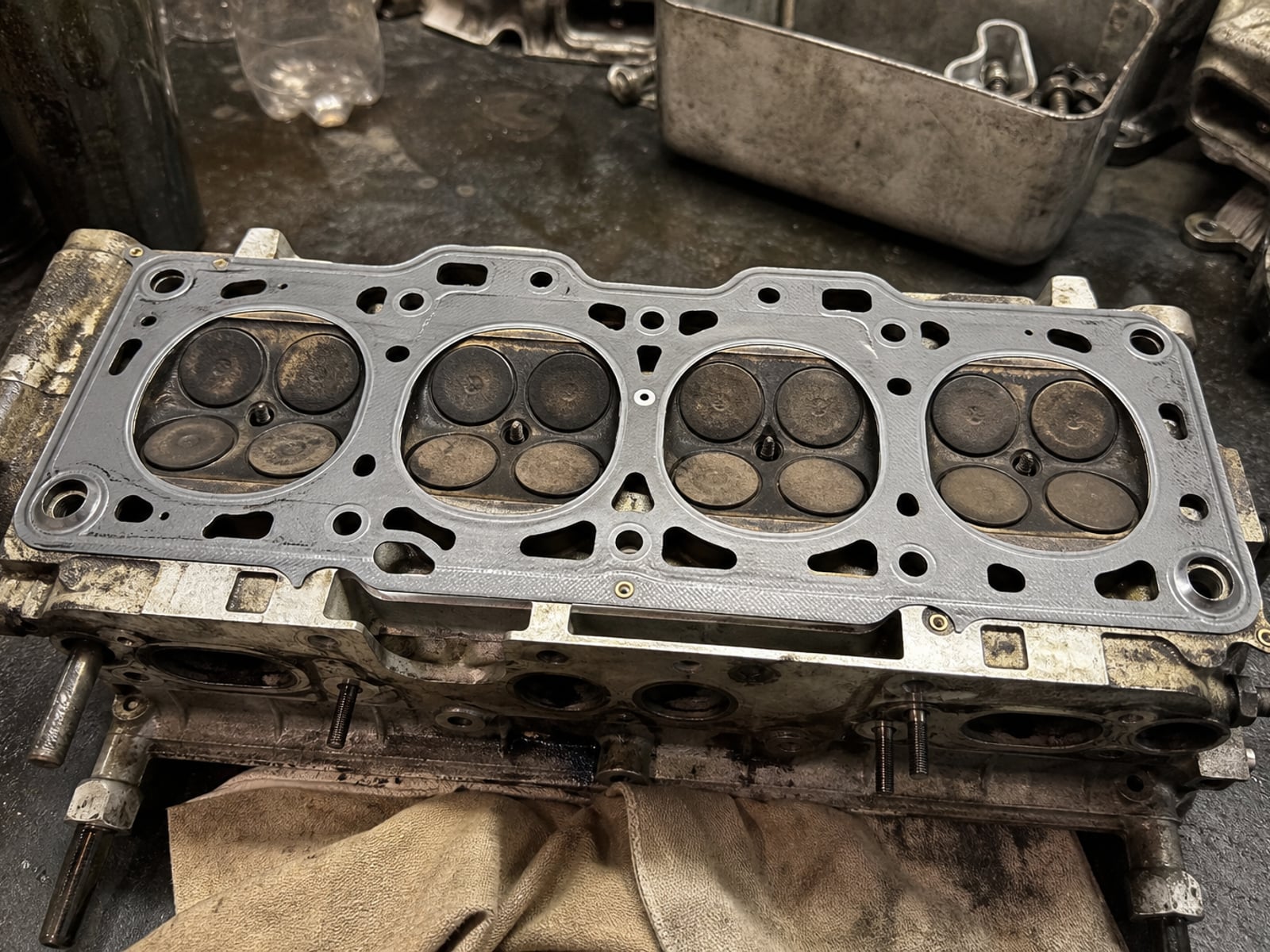 Cylinder head with the head gasket exposed during an internal repair