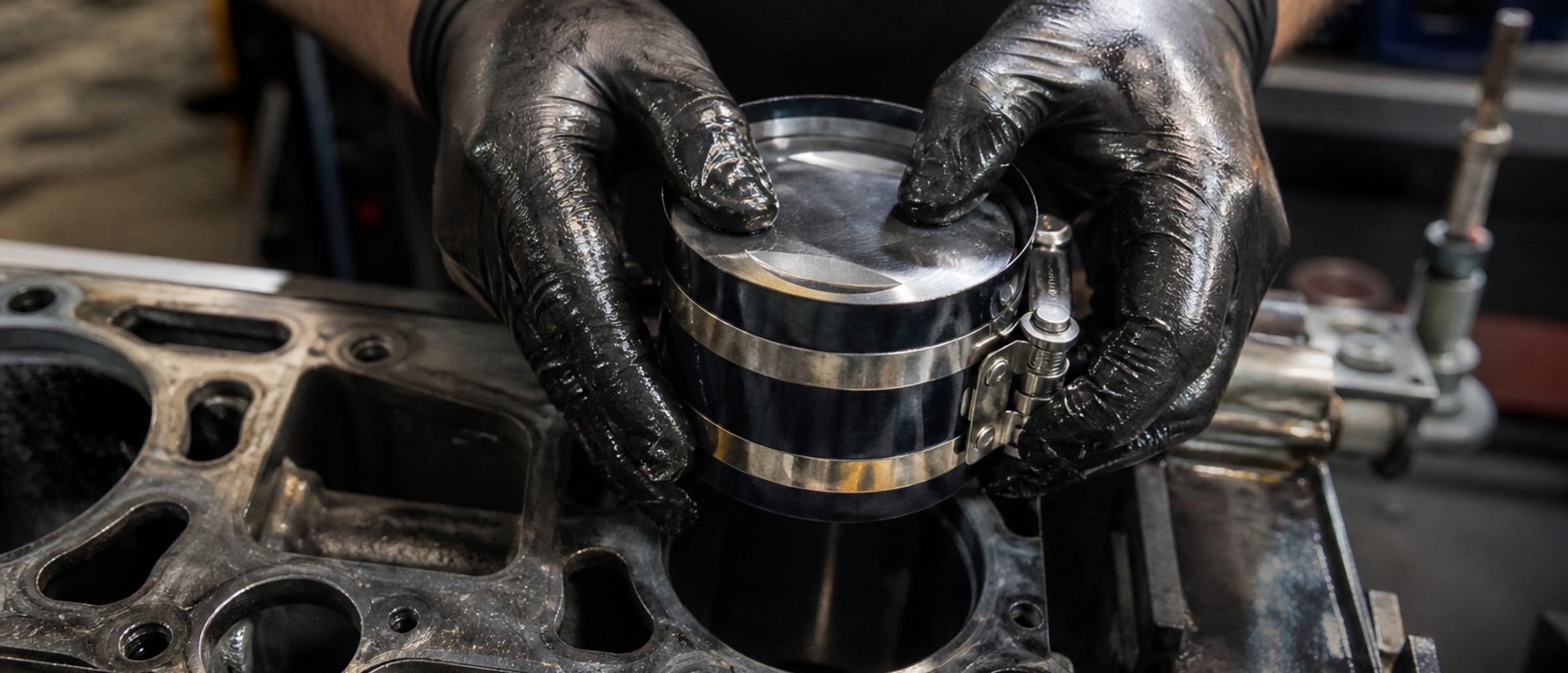Hands seating a piston into the block with a ring compressor at MotorDoc