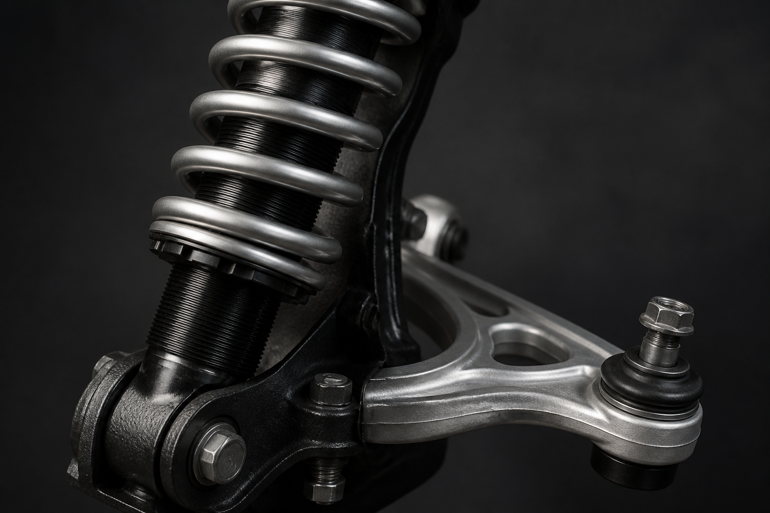 Close-up of a coilover strut and control arm assembly