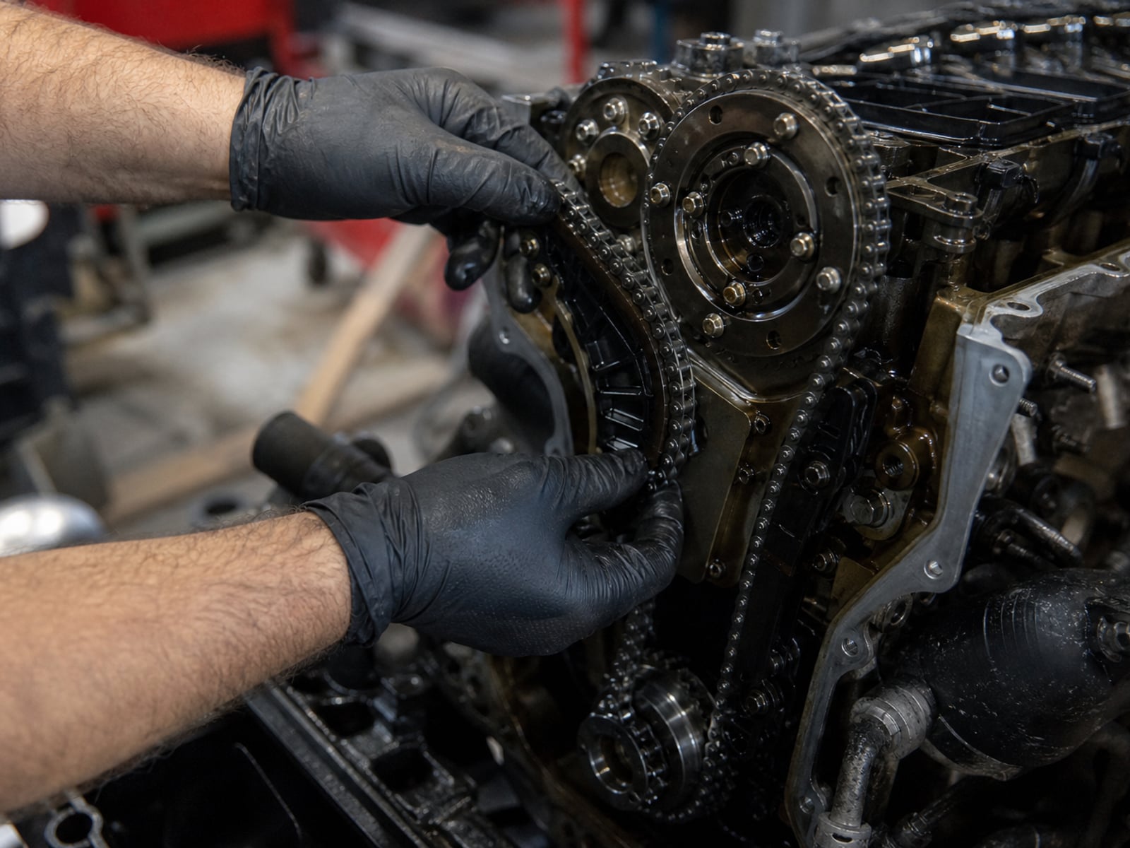 Gloved hands working on an engine timing chain at MotorDoc