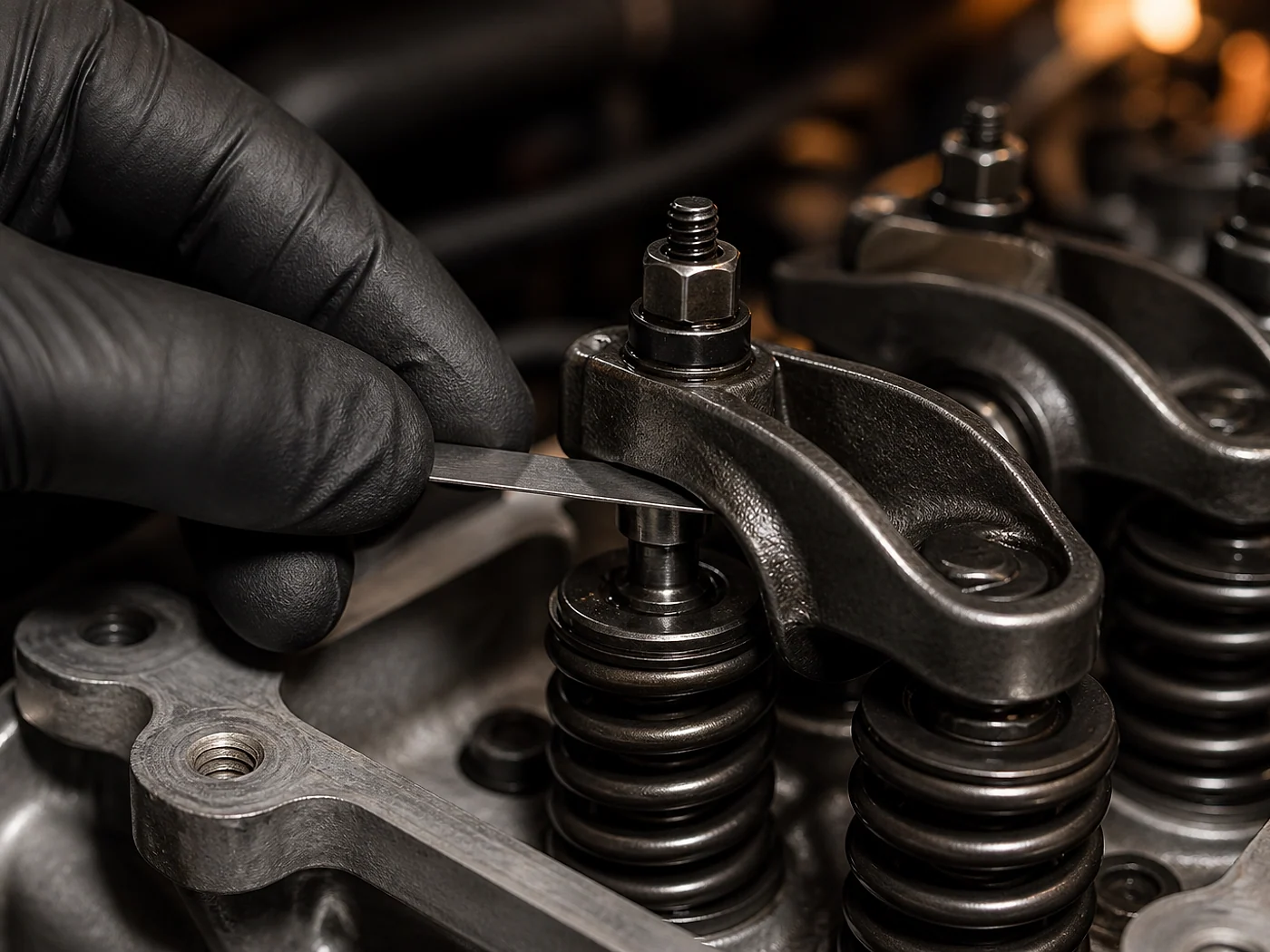 Mechanic using a feeler gauge to measure valve clearance at the rocker arm